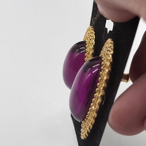 VTG Gold Tone Purple Jewel Tone Cabochon Earrings Oval Statement Heavy Korea - Picture 8 of 8